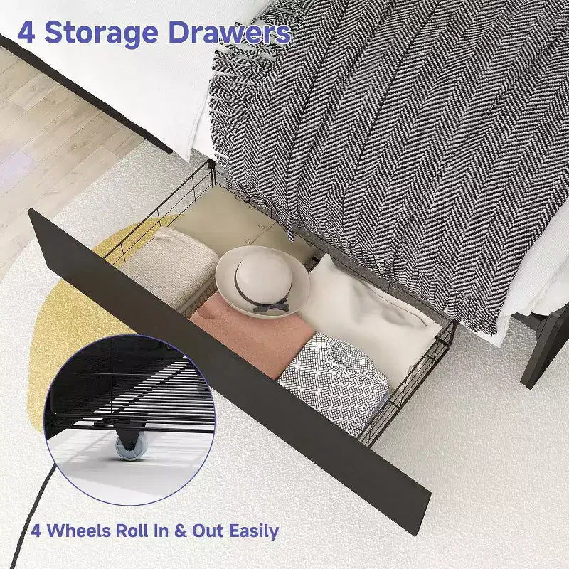 Zevemomo Letto Matrimoniale con 4 Cassetti Contenitore, Struttura Letto Matrimoniale con Testiera, LED, Robusto Supporto a Doghe in Metallo, Senza Rumore, Nero