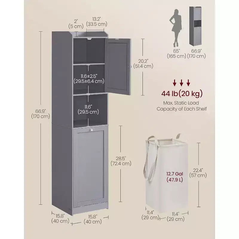 Dcolora Mobile Bagno Alto con Cesto Portabiancheria, Cesto Portabiancheria Estraibile con Manici, Vano con Anta