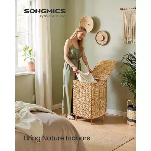 25-Gallon Handwoven Laundry Hamper with Lid and Washable Liner, Natural Water Hyacinth Basket with Wooden Feet, Steel Frame