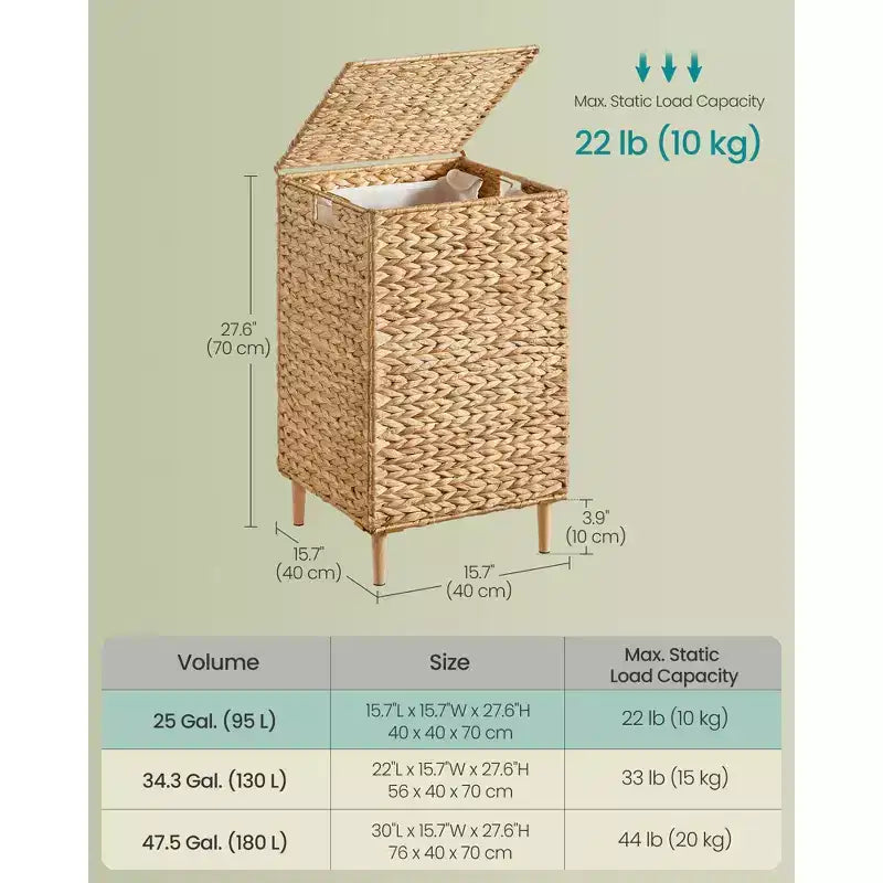 Cesto Portabiancheria Intrecciato a Mano da 95 Litri con Coperchio e Fodera Lavabile, Cesto in Giacinto d'Acqua Naturale con Piedini in Legno, Struttura in Acciaio