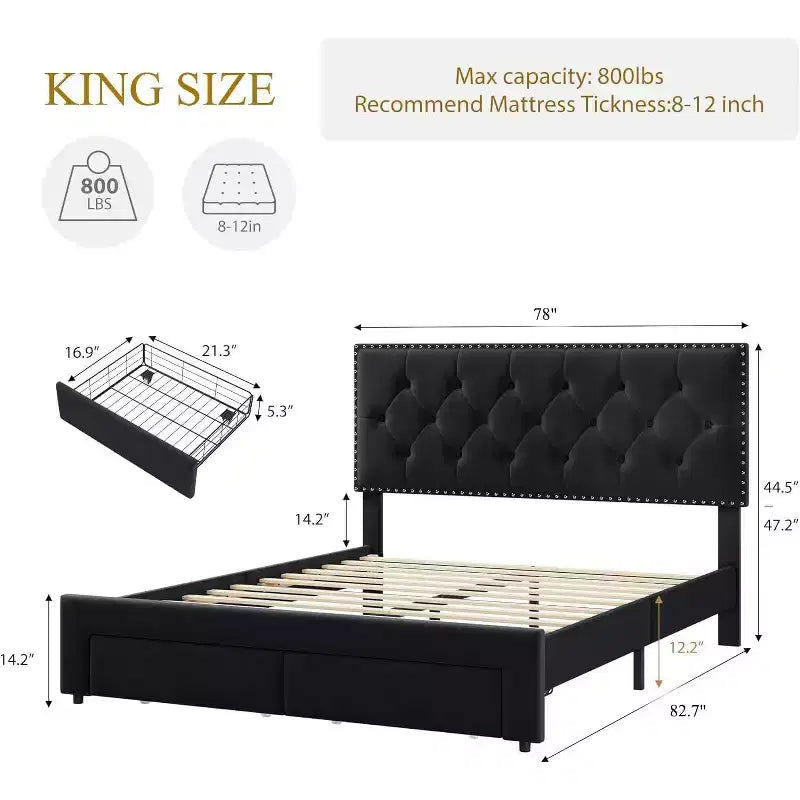 Struttura letto king-size imbottita con 2 cassetti, struttura letto in velluto con testiera capitonné, supporto a doghe in legno, senza rumore, non necessita di rete a molle