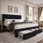 Struttura letto king-size imbottita con 2 cassetti, struttura letto in velluto con testiera capitonné, supporto a doghe in legno, senza rumore, non necessita di rete a molle