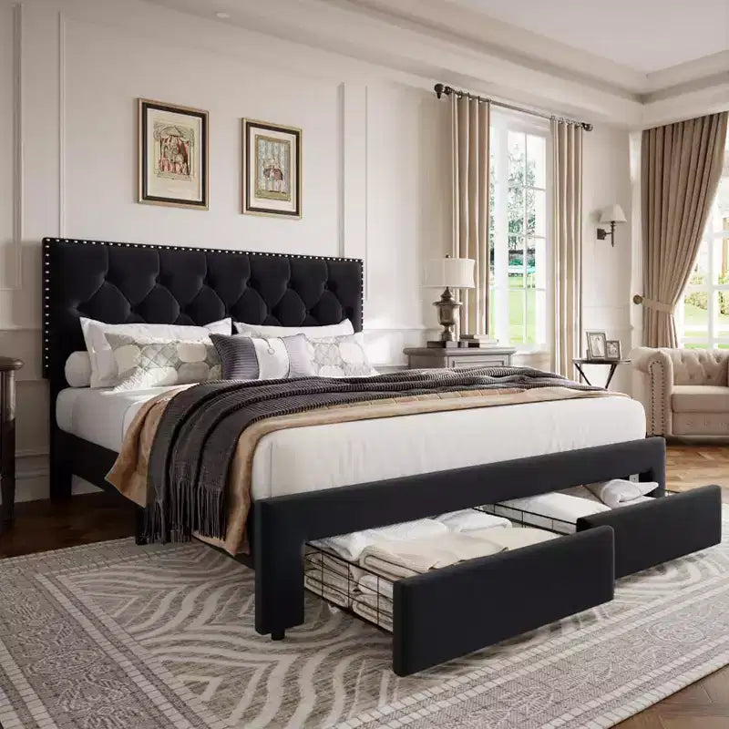 Struttura letto king-size imbottita con 2 cassetti, struttura letto in velluto con testiera capitonné, supporto a doghe in legno, senza rumore, non necessita di rete a molle