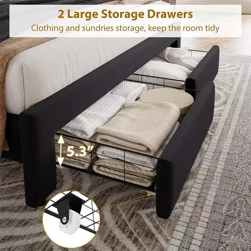 Struttura letto king-size imbottita con 2 cassetti, struttura letto in velluto con testiera capitonné, supporto a doghe in legno, senza rumore, non necessita di rete a molle