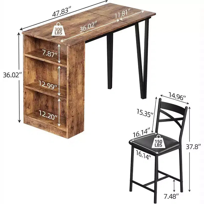Set da Tavolo da Bar a 3 Pezzi per 2 Persone, Set Tavolo da Bar e Sedie con Estensione a Ribalta, Set da Pranzo con Ripiani Portaoggetti, Adatto per Piccoli Spazi