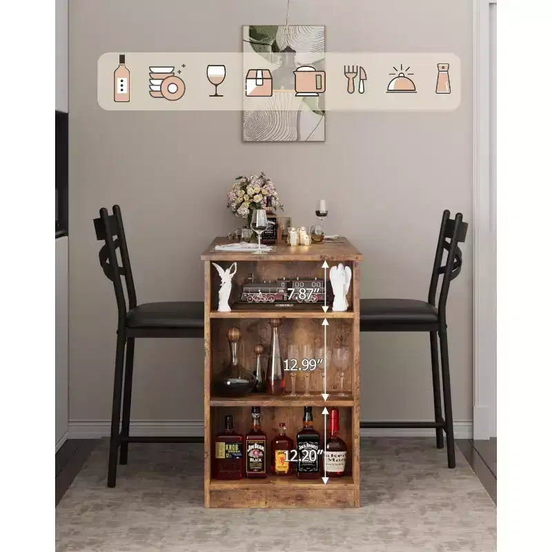 Set da Tavolo da Bar a 3 Pezzi per 2 Persone, Set Tavolo da Bar e Sedie con Estensione a Ribalta, Set da Pranzo con Ripiani Portaoggetti, Adatto per Piccoli Spazi