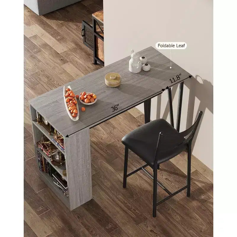 Set da Tavolo da Bar a 3 Pezzi per 2 Persone, Set Tavolo da Bar e Sedie con Estensione a Ribalta, Set da Pranzo con Ripiani Portaoggetti, Adatto per Piccoli Spazi