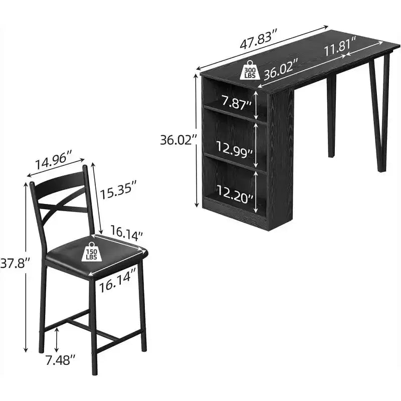 Set da Tavolo da Bar a 3 Pezzi per 2 Persone, Set Tavolo da Bar e Sedie con Estensione a Ribalta, Set da Pranzo con Ripiani Portaoggetti, Adatto per Piccoli Spazi