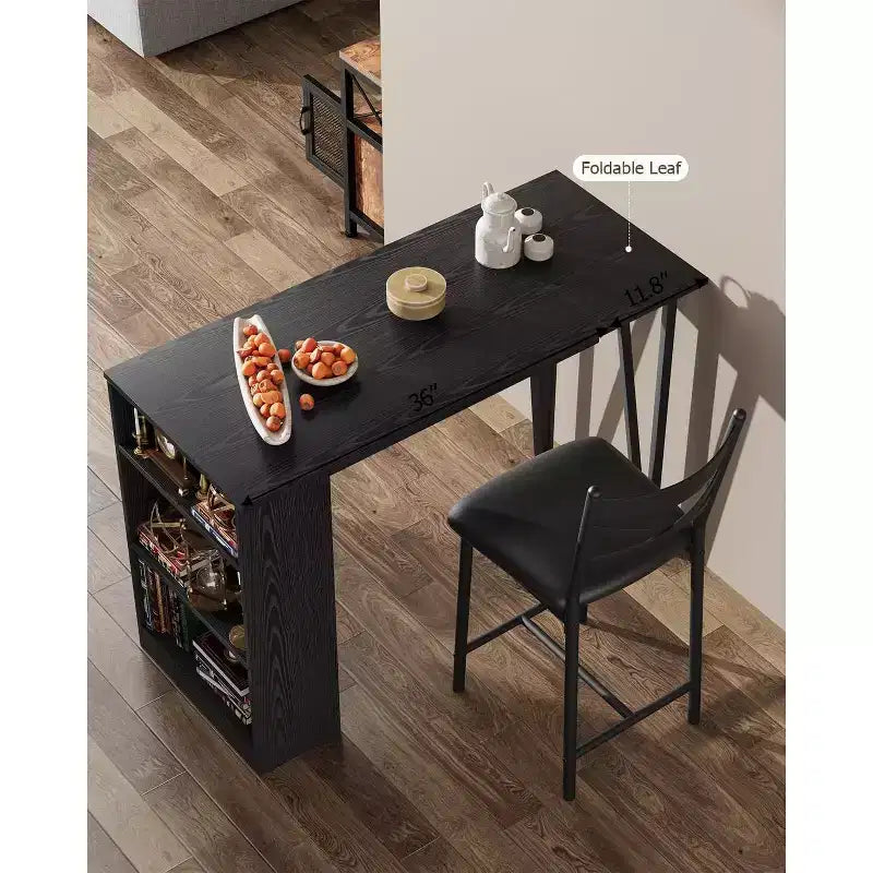 Set da Tavolo da Bar a 3 Pezzi per 2 Persone, Set Tavolo da Bar e Sedie con Estensione a Ribalta, Set da Pranzo con Ripiani Portaoggetti, Adatto per Piccoli Spazi