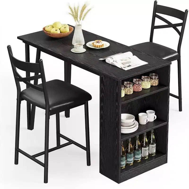 Set da Tavolo da Bar a 3 Pezzi per 2 Persone, Set Tavolo da Bar e Sedie con Estensione a Ribalta, Set da Pranzo con Ripiani Portaoggetti, Adatto per Piccoli Spazi
