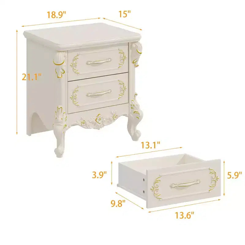 Comodino Famapy Shabby Chic Bianco con Doppi Cassetti e Dettagli Dorati, Intarsi Decorati, Tavolino, Elegante Contenitore per la Camera da Letto