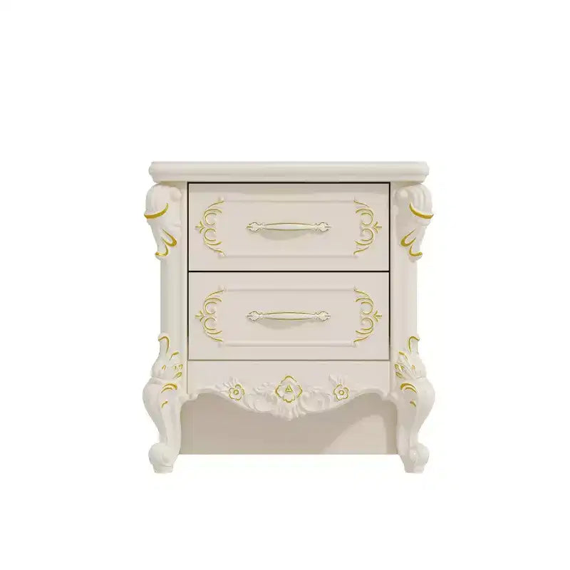 Comodino Famapy Shabby Chic Bianco con Doppi Cassetti e Dettagli Dorati, Intarsi Decorati, Tavolino, Elegante Contenitore per la Camera da Letto