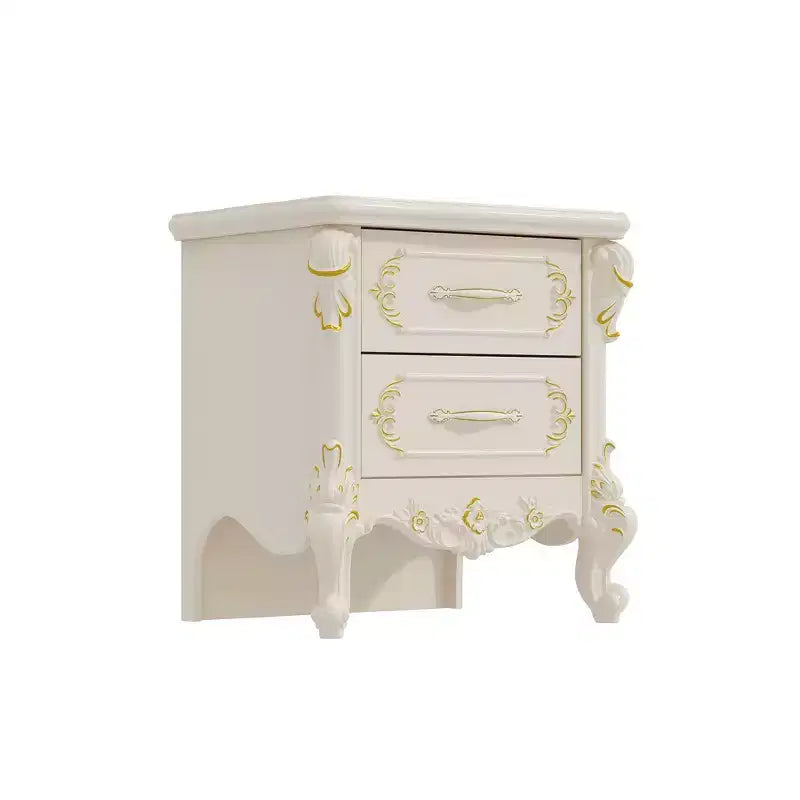 Comodino Famapy Shabby Chic Bianco con Doppi Cassetti e Dettagli Dorati, Intarsi Decorati, Tavolino, Elegante Contenitore per la Camera da Letto
