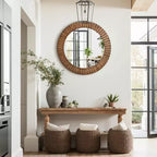 LuxenHome Specchio da Parete Rotondo Strutturato in Legno di Quercia Rustica, 29 Decorativo Accento per la Casa Marrone