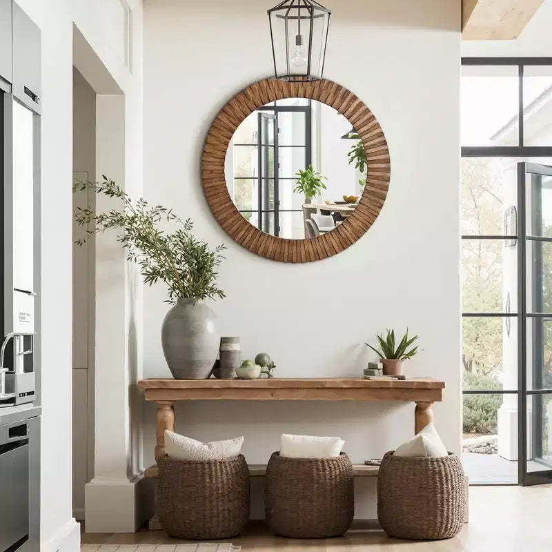 LuxenHome Specchio da Parete Rotondo Strutturato in Legno di Quercia Rustica, 29 Decorativo Accento per la Casa Marrone