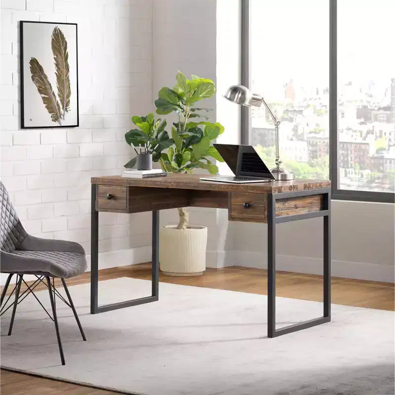 Alaterre Furniture Claremont Rustic Wood and Metal Office Desk, Natural Wood Grain Finish with Two Side Drawers, Ideal for Home Office and Study Room
