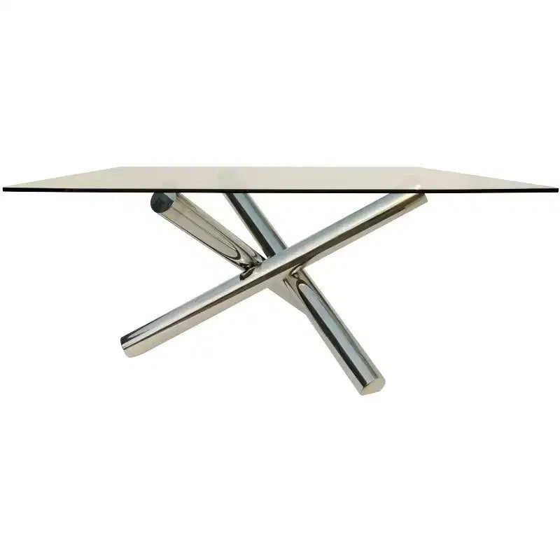 HomeRoots 60 Clear and Silver Glass and Metal Cross Leg Base Square Dining Table