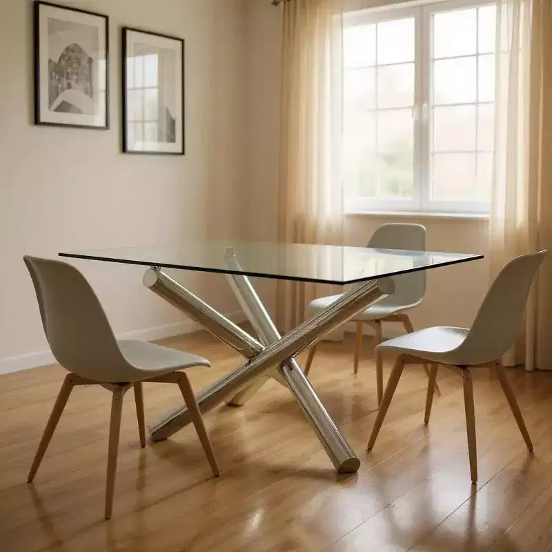 HomeRoots Tavolo da pranzo quadrato con base a gambe incrociate in vetro trasparente e metallo argentato 60