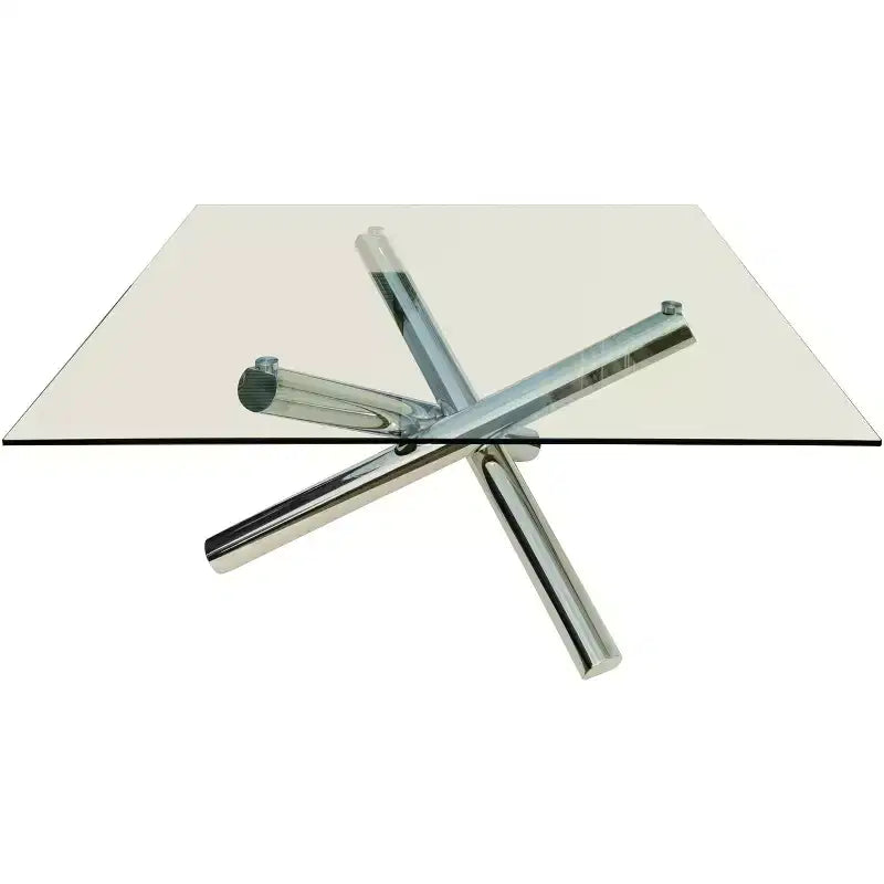HomeRoots Tavolo da pranzo quadrato con base a gambe incrociate in vetro trasparente e metallo argentato 60
