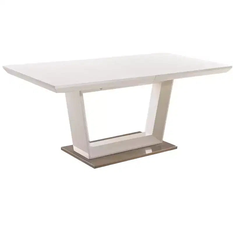 HomeRoots 71 White Wood and Metal Self-Storing Leaf Pedestal Base Extendable Dining Table
