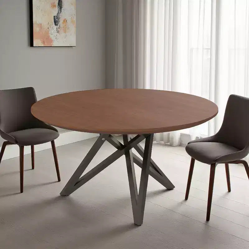 Tavolo da pranzo HomeRoots 47 con piano rotondo in legno marrone e grigio e base a gambe incrociate in acciaio inossidabile