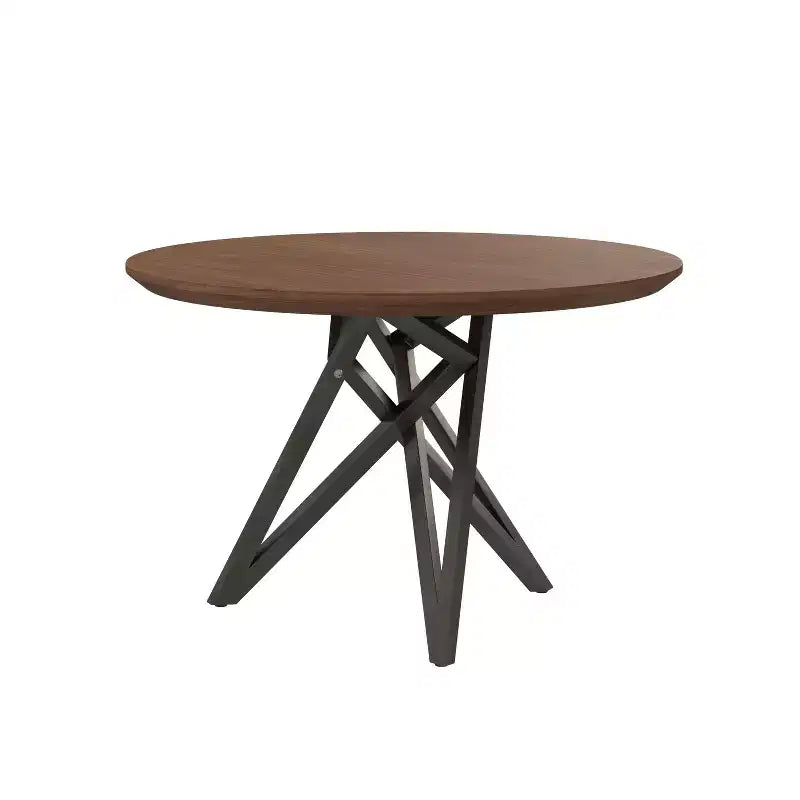 Tavolo da pranzo HomeRoots 47 con piano rotondo in legno marrone e grigio e base a gambe incrociate in acciaio inossidabile