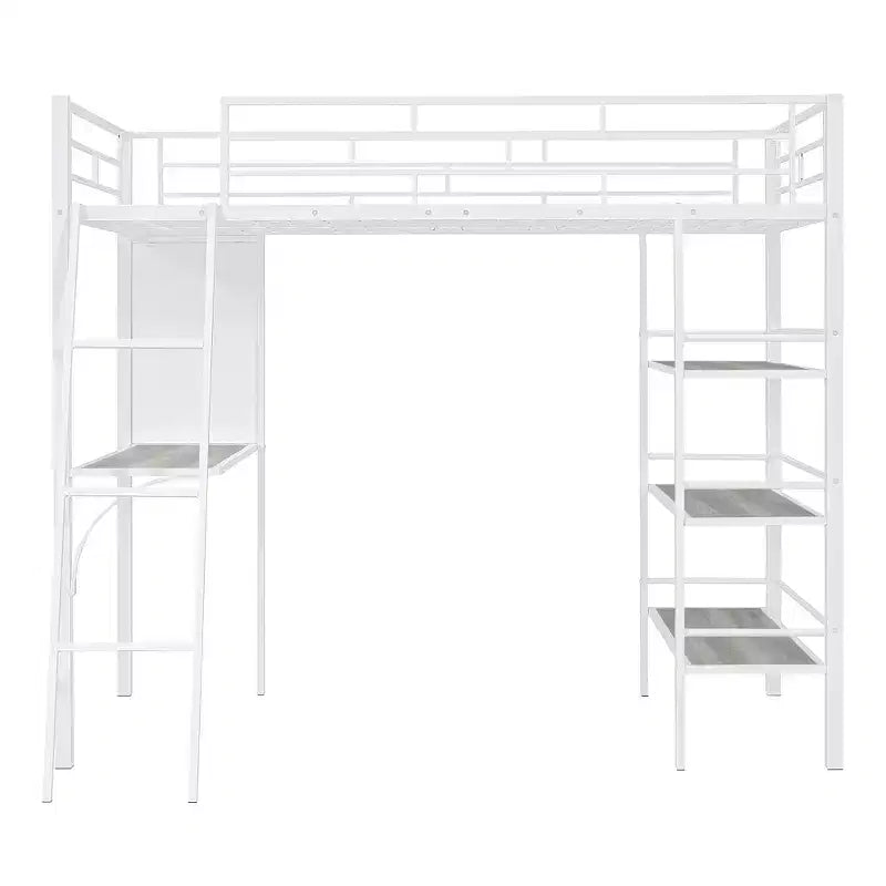 Letto a soppalco singolo in metallo con 3 ripiani e scrivania, letto con struttura in metallo per camera da letto
