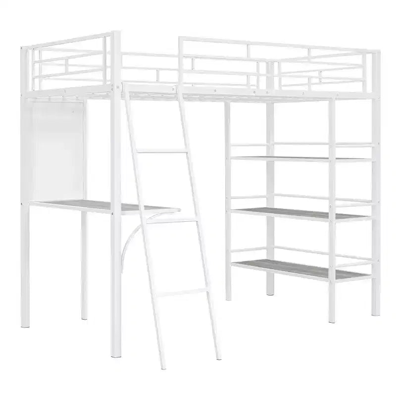 Letto a soppalco singolo in metallo con 3 ripiani e scrivania, letto con struttura in metallo per camera da letto