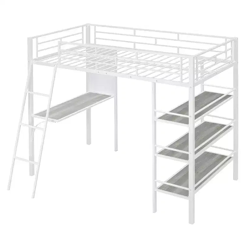 Letto a soppalco singolo in metallo con 3 ripiani e scrivania, letto con struttura in metallo per camera da letto