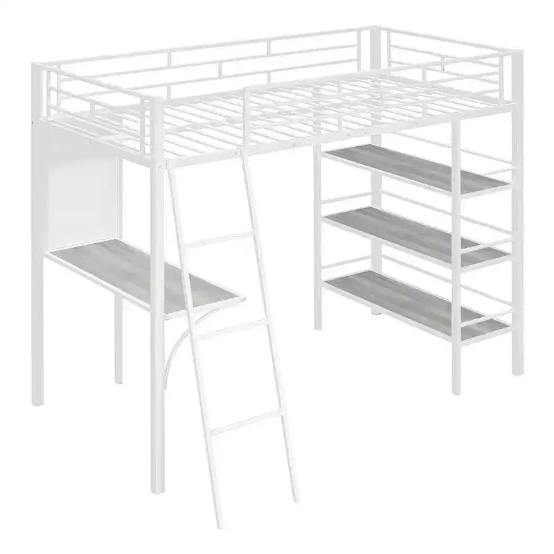 Letto a soppalco singolo in metallo con 3 ripiani e scrivania, letto con struttura in metallo per camera da letto