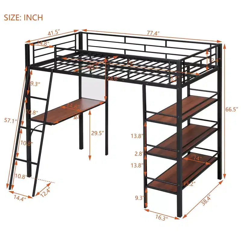 Letto a soppalco singolo in metallo con 3 ripiani e scrivania, letto con struttura in metallo per camera da letto