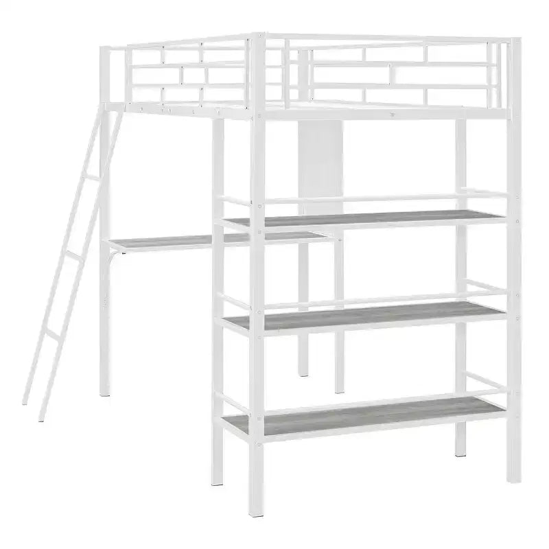 Letto a soppalco singolo in metallo con 3 ripiani e scrivania, letto con struttura in metallo per camera da letto