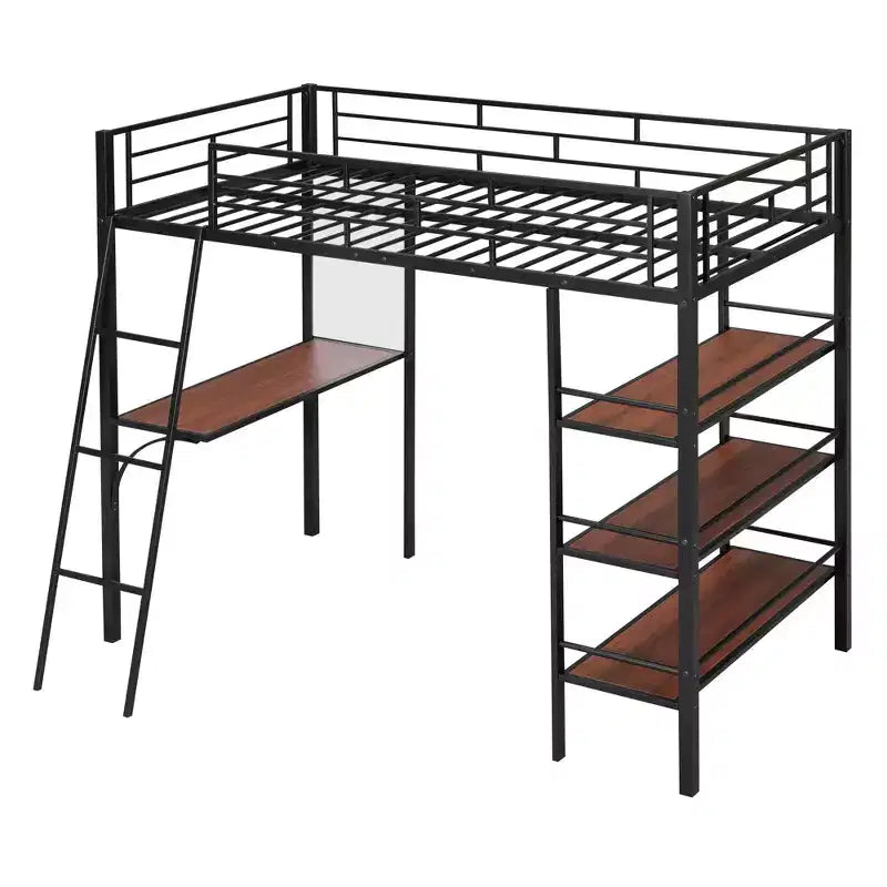 Letto a soppalco singolo in metallo con 3 ripiani e scrivania, letto con struttura in metallo per camera da letto