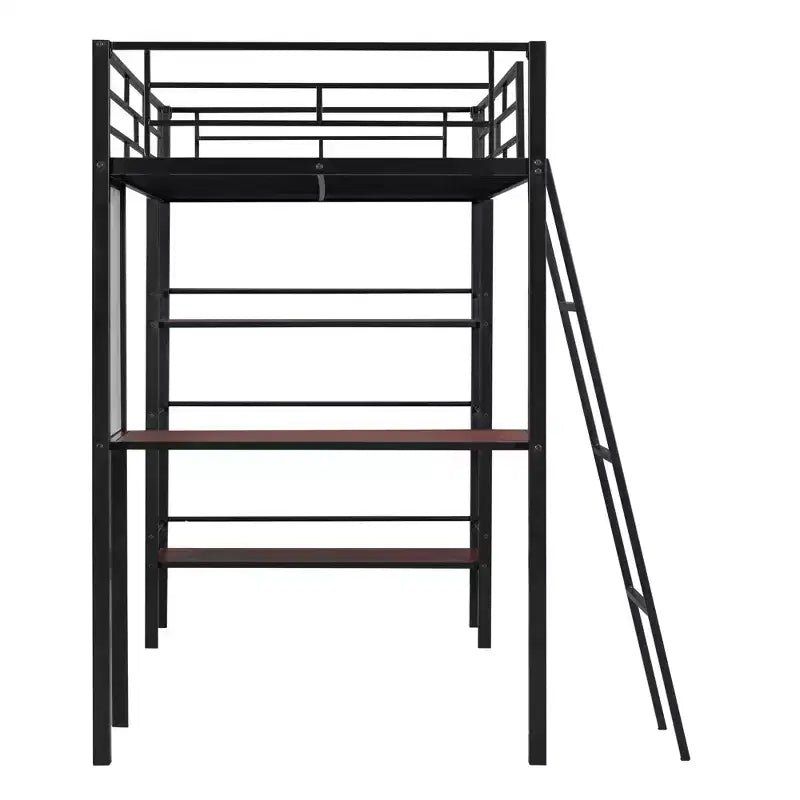 Letto a soppalco singolo in metallo con 3 ripiani e scrivania, letto con struttura in metallo per camera da letto