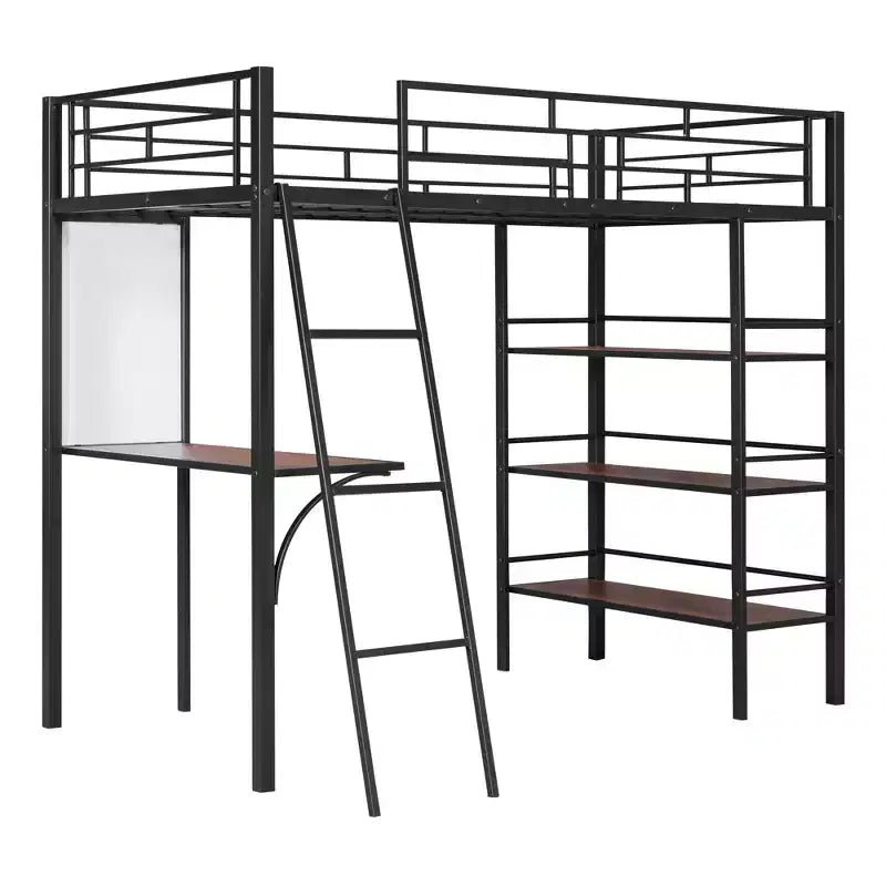 Letto a soppalco singolo in metallo con 3 ripiani e scrivania, letto con struttura in metallo per camera da letto
