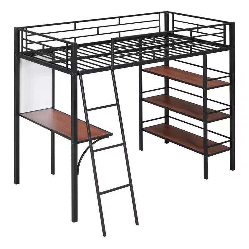 Letto a soppalco singolo in metallo con 3 ripiani e scrivania, letto con struttura in metallo per camera da letto