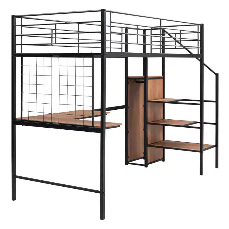 Letto a soppalco in metallo con scrivania e rete metallica, elegante letto con struttura in metallo con scaletta laterale portaoggetti e armadio