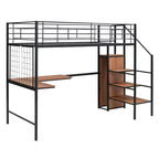 Letto a soppalco in metallo con scrivania e rete metallica, elegante letto con struttura in metallo con scaletta laterale portaoggetti e armadio