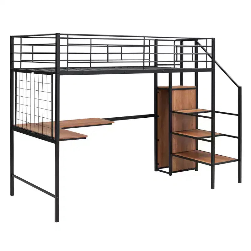 Letto a soppalco in metallo con scrivania e rete metallica, elegante letto con struttura in metallo con scaletta laterale portaoggetti e armadio