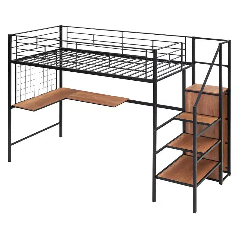 Letto a soppalco in metallo con scrivania e rete metallica, elegante letto con struttura in metallo con scaletta laterale portaoggetti e armadio
