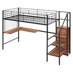 Letto a soppalco in metallo con scrivania e rete metallica, elegante letto con struttura in metallo con scaletta laterale portaoggetti e armadio