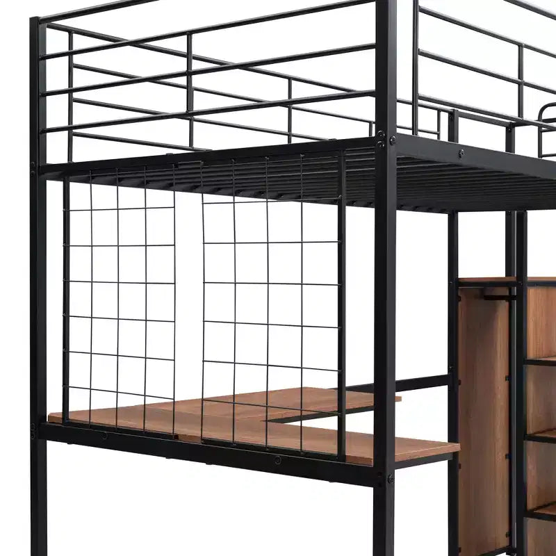 Letto a soppalco in metallo con scrivania e rete metallica, elegante letto con struttura in metallo con scaletta laterale portaoggetti e armadio