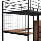 Letto a soppalco in metallo con scrivania e rete metallica, elegante letto con struttura in metallo con scaletta laterale portaoggetti e armadio