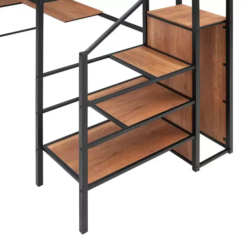 Letto a soppalco in metallo con scrivania e rete metallica, elegante letto con struttura in metallo con scaletta laterale portaoggetti e armadio