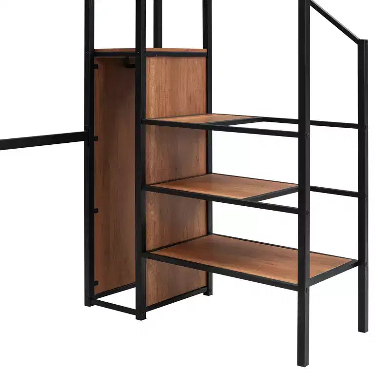 Letto a soppalco in metallo con scrivania e rete metallica, elegante letto con struttura in metallo con scaletta laterale portaoggetti e armadio