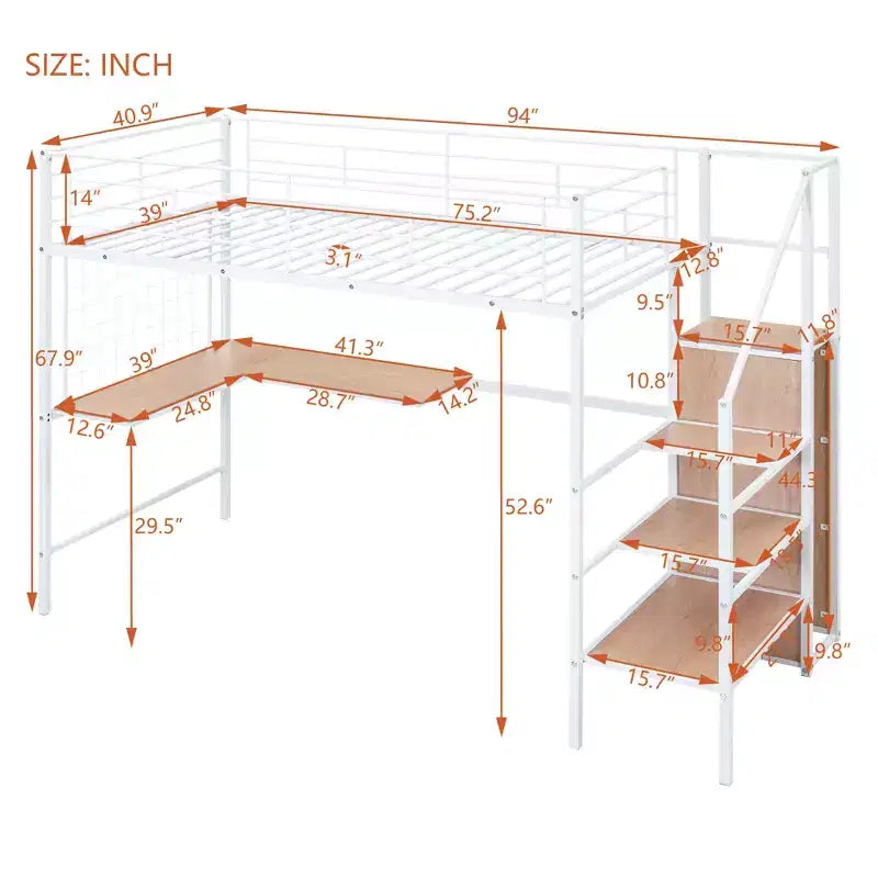 Letto a soppalco in metallo con scrivania e rete metallica, elegante letto con struttura in metallo con scaletta laterale portaoggetti e armadio