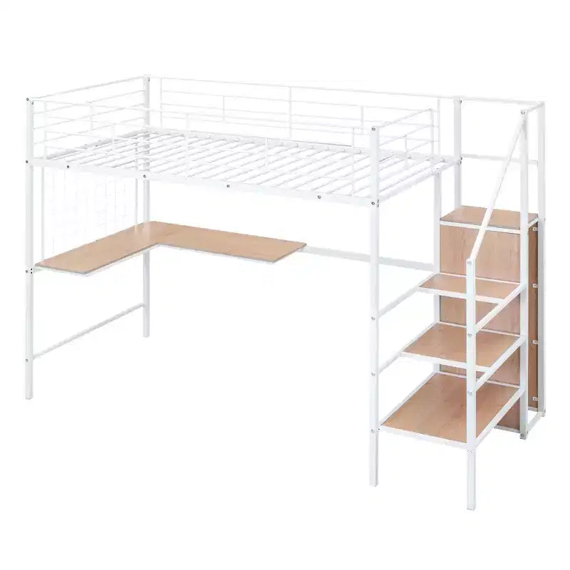 Letto a soppalco in metallo con scrivania e rete metallica, elegante letto con struttura in metallo con scaletta laterale portaoggetti e armadio