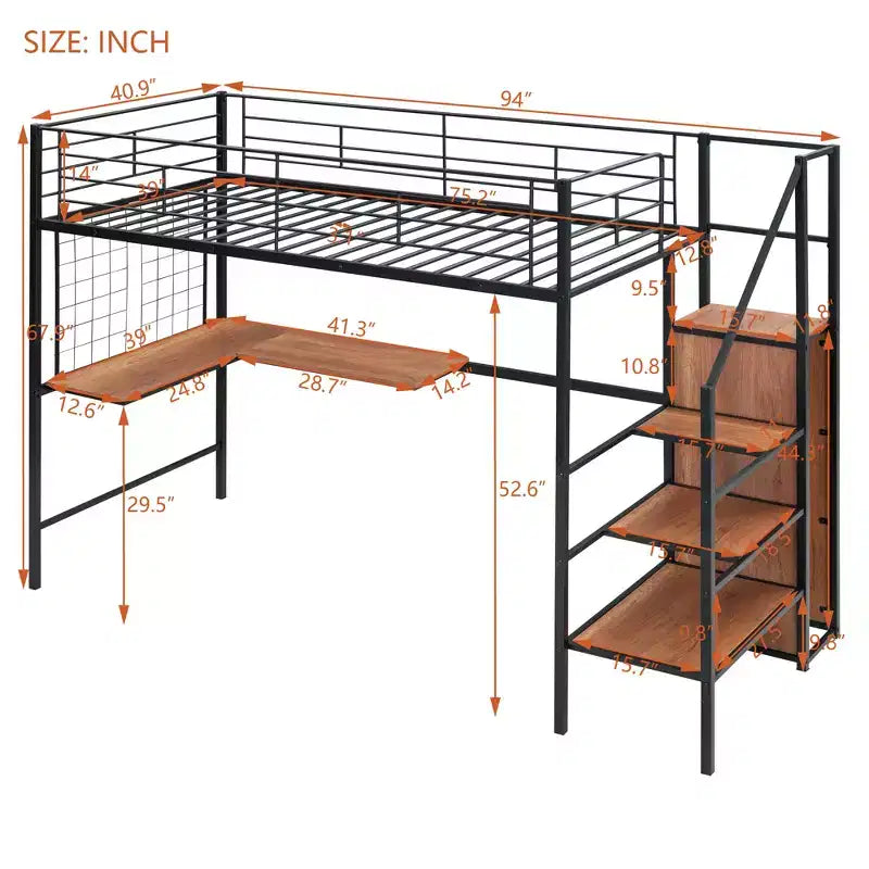 Letto a soppalco in metallo con scrivania e rete metallica, elegante letto con struttura in metallo con scaletta laterale portaoggetti e armadio