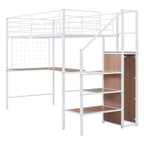 Letto a soppalco in metallo con scrivania e rete metallica, elegante letto con struttura in metallo con scaletta laterale portaoggetti e armadio