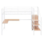 Letto a soppalco in metallo con scrivania e rete metallica, elegante letto con struttura in metallo con scaletta laterale portaoggetti e armadio